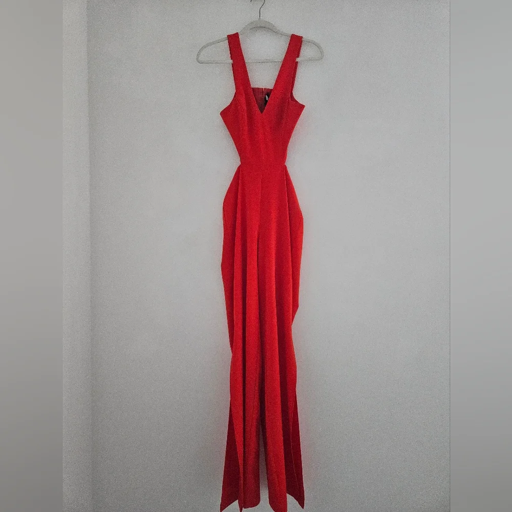 NBD × NAVEN Tiffany Fire Engine Red One-piece Cut Out Split Leg Jumpsuit - Picture 4 of 12